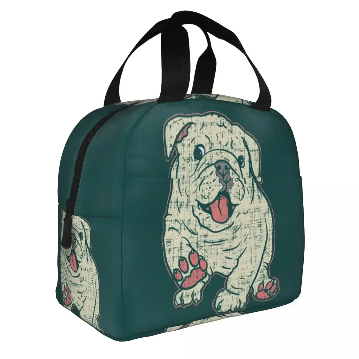 SniffWaggleNWalk bulldog design lunch tote shown packed — 22x20x13cm high capacity insulated bag
