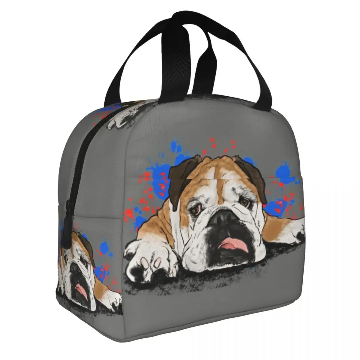 English bulldog design lunch bag on desk — funny bulldog gift for bulldog owners, 22x20x13cm