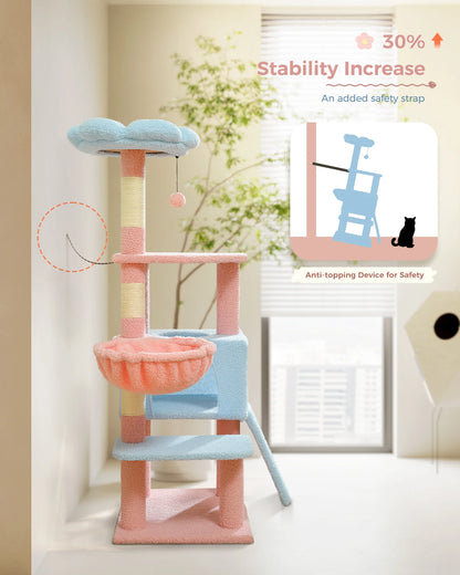 “Blossom Haven Cat Tower – Multi-Level Condo with Hammock, Ramp & Scratching Posts for Indoor Cats”