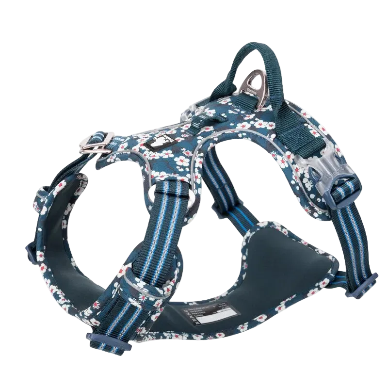 Floral cotton dog harness for medium dogs, adjustable vest straps and aluminium clip