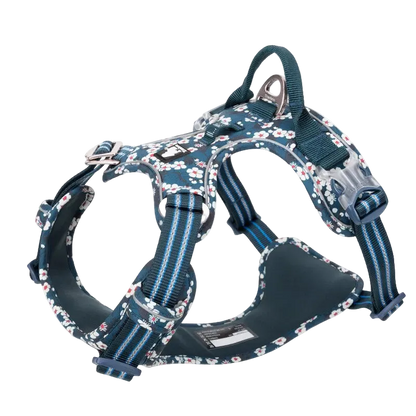 Floral cotton dog harness for medium dogs, adjustable vest straps and aluminium clip