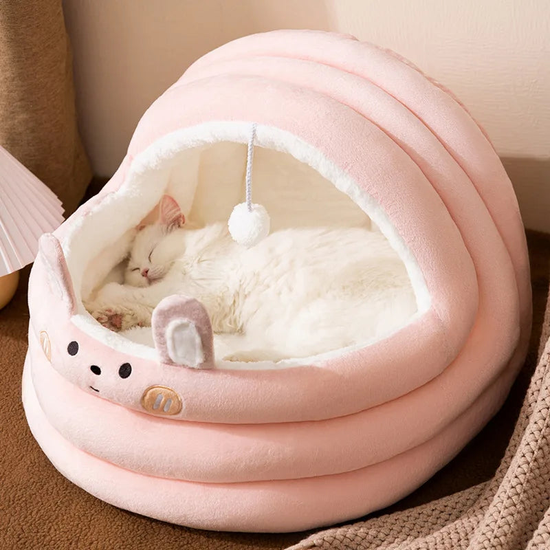 PawCave bear cave bed brown — wide arch opening with dangling toy cord detail
