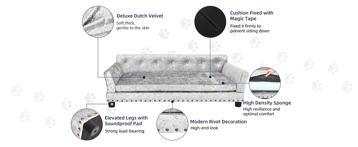 Grand Pawdiere crushed velvet dog sofa bed with rivet detail and soundproof leg pads