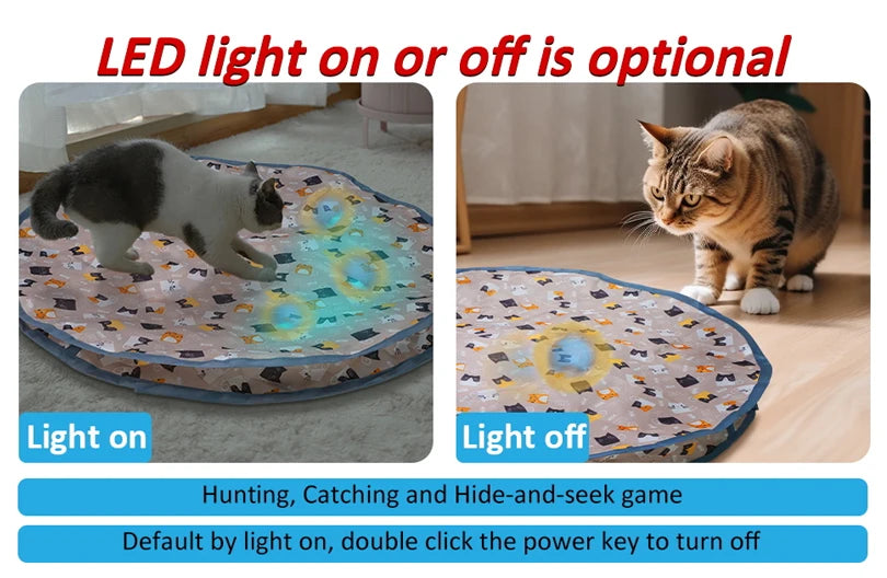 Motion-Activated Cat Toy Mat USB-C rechargeable · 70 cm mat · 3 play modes · Auto-rest & reactivate · LED ball unit