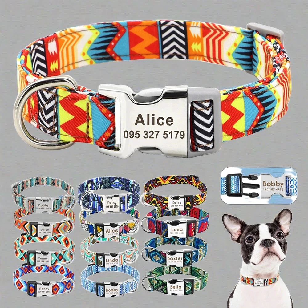 NameTag personalised dog collar dark floral paisley pattern engraved buckle
