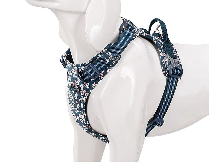 SniffWaggleNWalk adjustable floral dog harness, side view showing soft cotton padding