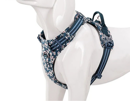 SniffWaggleNWalk adjustable floral dog harness, side view showing soft cotton padding