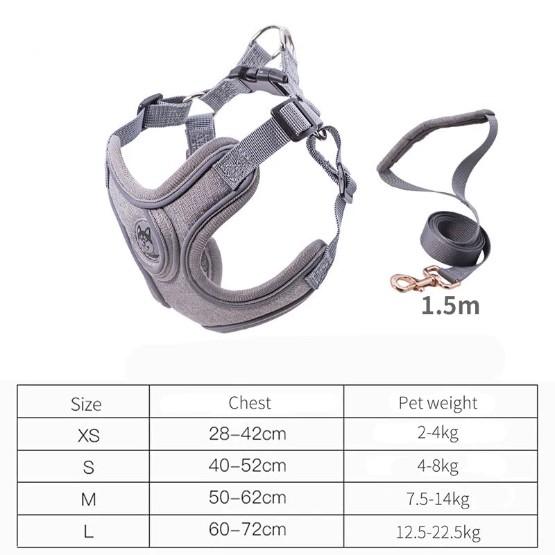Gray SafeStep™ harness with 1.5m lead set — reflective padded dog harness for small to medium breeds