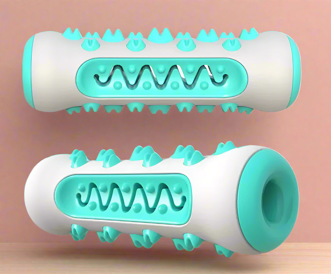 Large dog chewing ChewNClean™ dental teething stick close-up showing teeth and wave channel