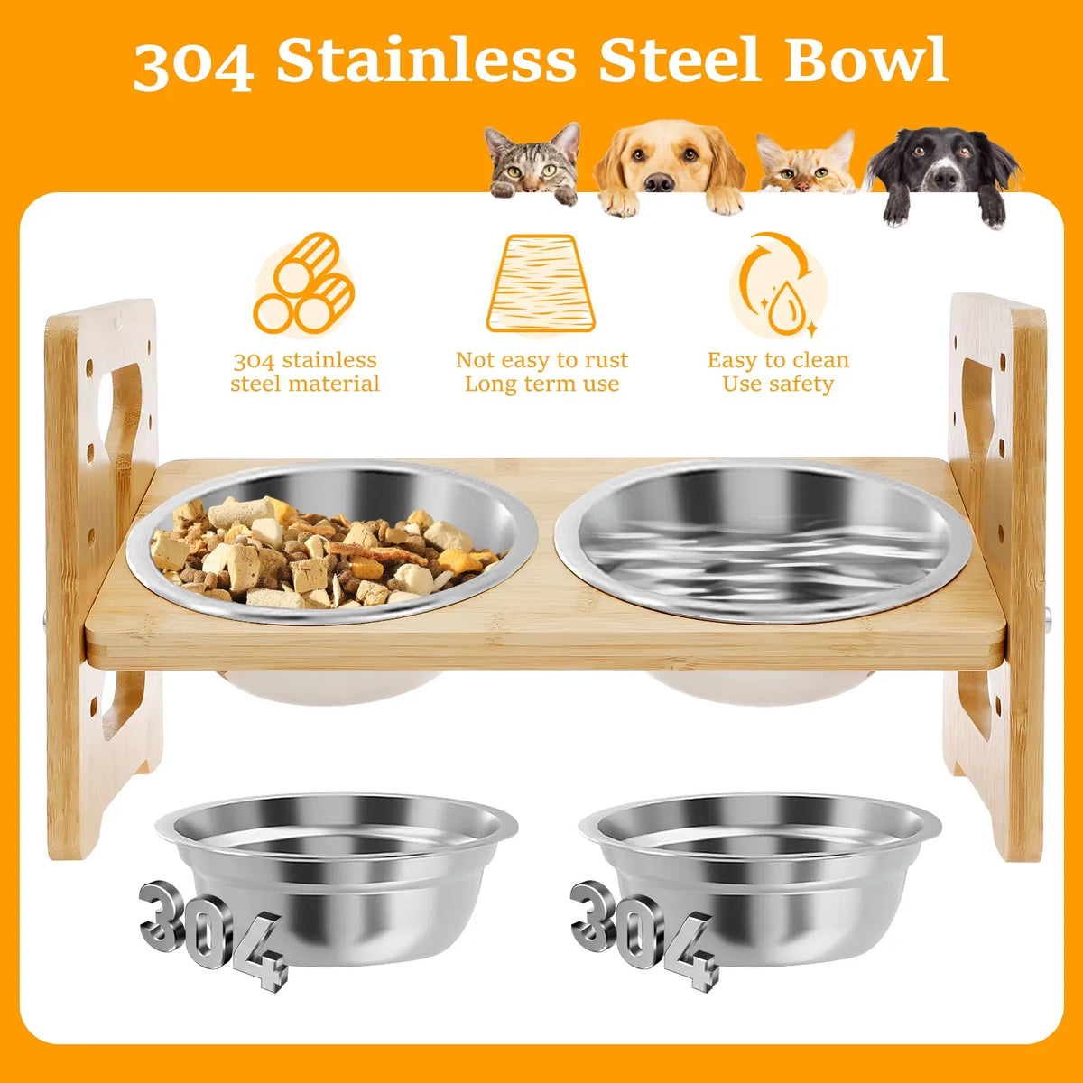 Stainless steel pet bowls on a wooden stand