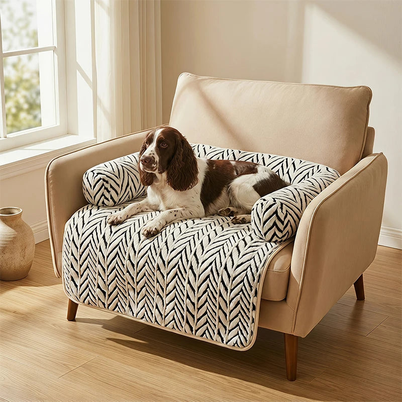 PawGuard plush sofa protector cushion for cats and dogs, white herringbone pattern