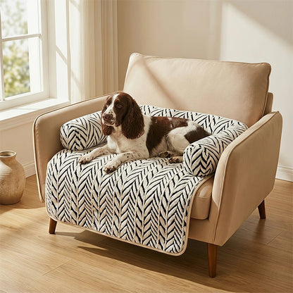 PawGuard plush sofa protector cushion for cats and dogs, white herringbone pattern
