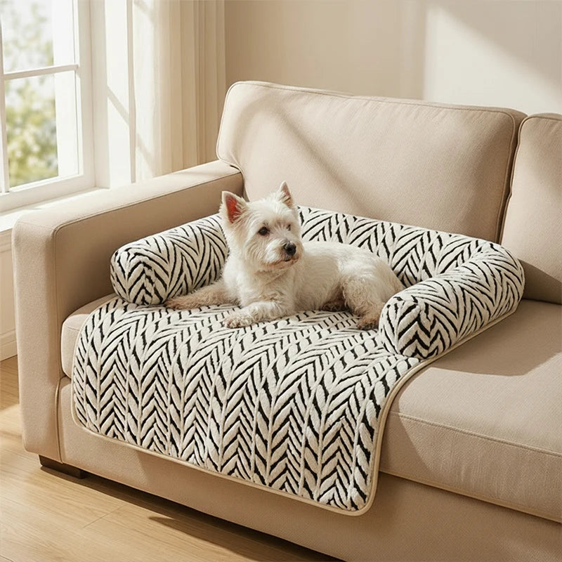 PawGuard plush sofa protector cushion for cats and dogs, white herringbone pattern