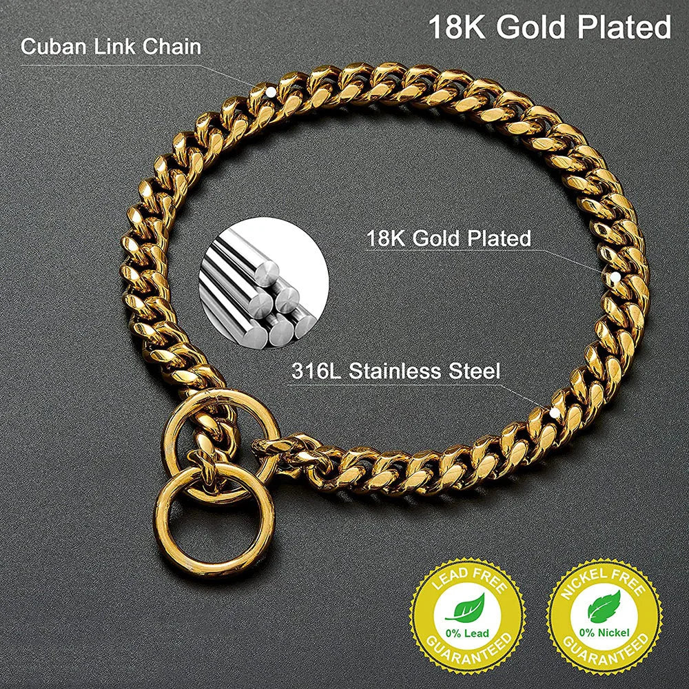 CubanLink™ 18K gold plated 316L stainless steel Cuban link dog collar close-up showing lead-free nickel-free certification