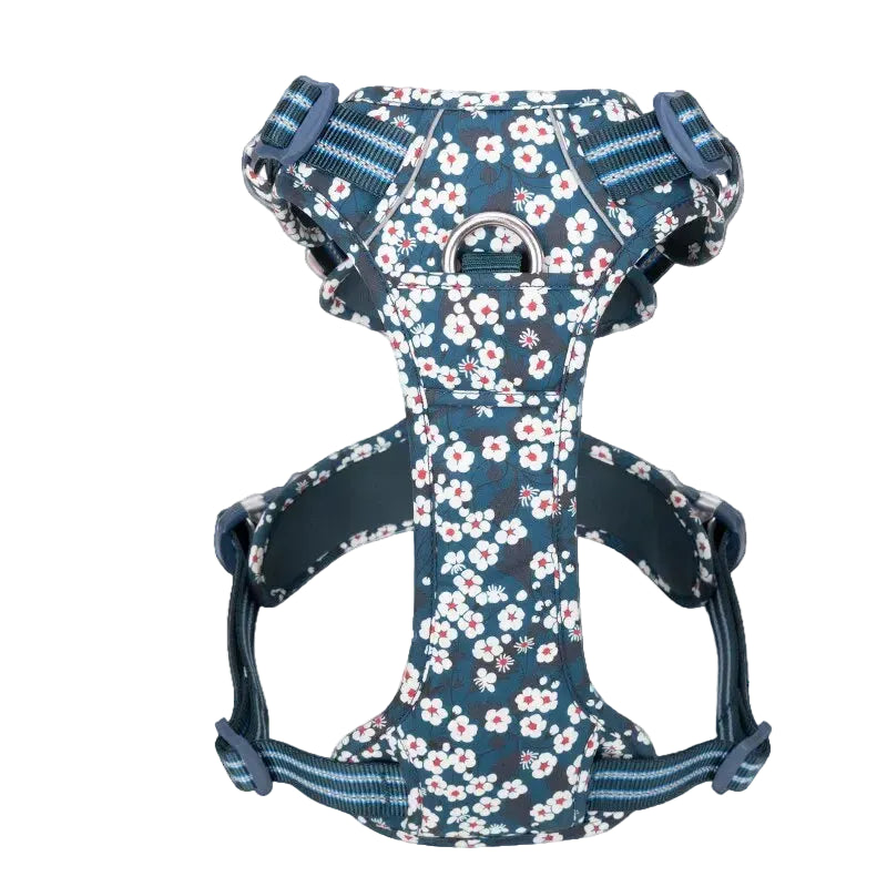 Durable aluminium alloy D-ring and secure clip on the floral dog harness