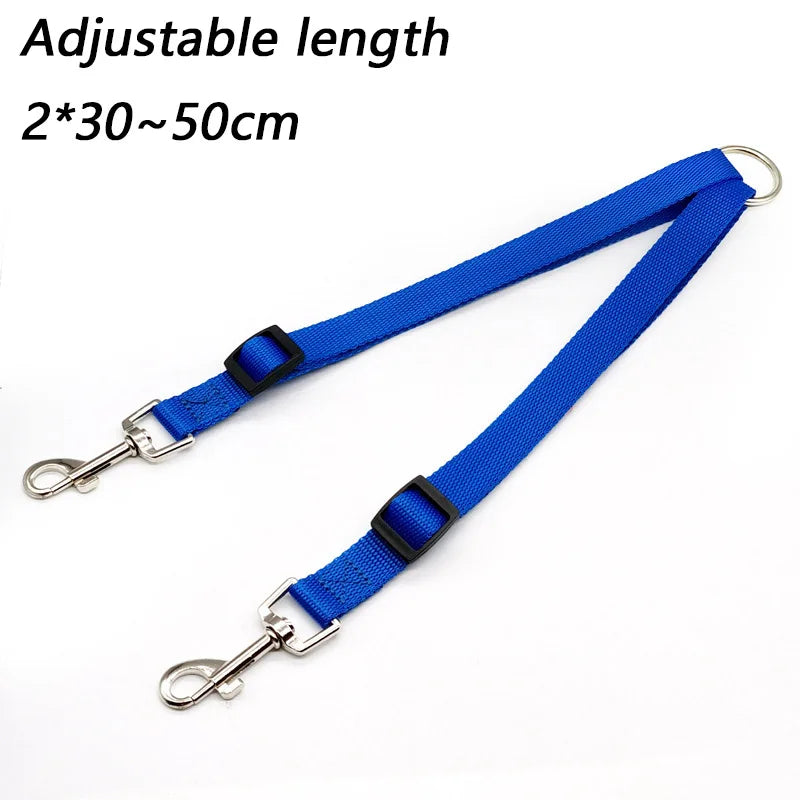 TwinWalk™ two-dog lead coupler lifestyle — two Labrador puppies walking together on black Y-splitter coupler