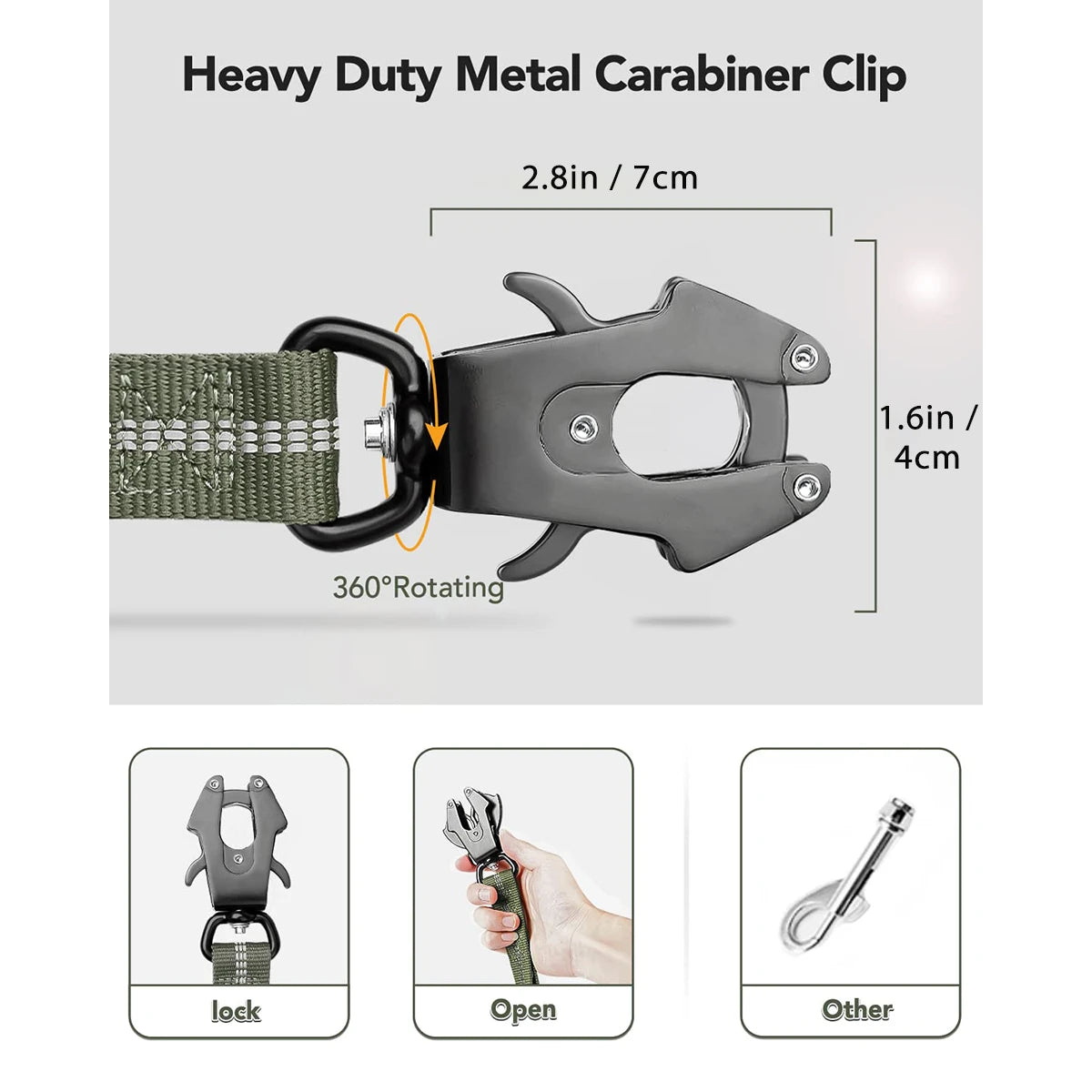 BungeeGuard™ dark khaki bungee dog lead showing dual handles, bungee section and 360° carabiner clip