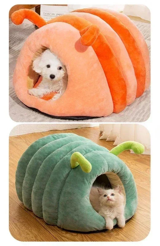 PawWorm orange and green caterpillar beds side by side with cat and small dog — SniffWaggleNWalk