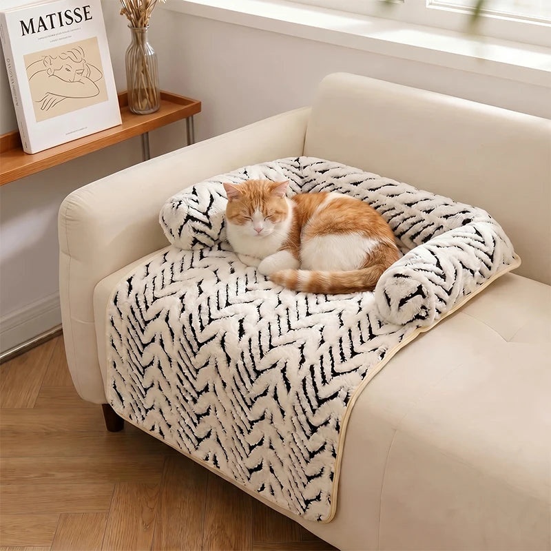 PawGuard plush sofa protector cushion for cats and dogs, white herringbone pattern