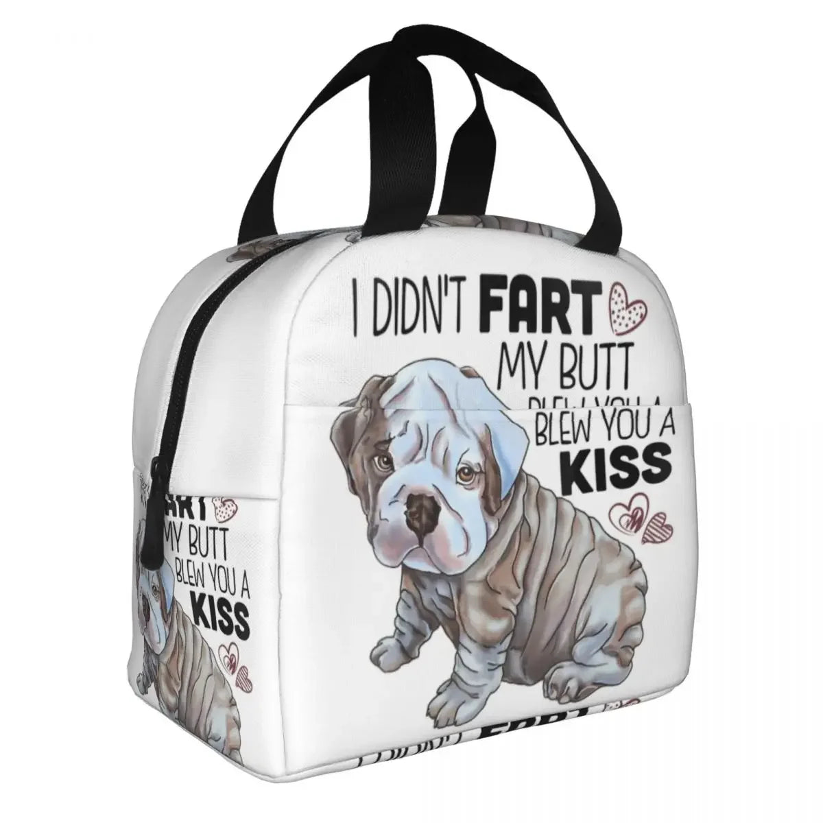SniffWaggleNWalk English bulldog lunch bag — insulated inner lining keeps food fresh for hours