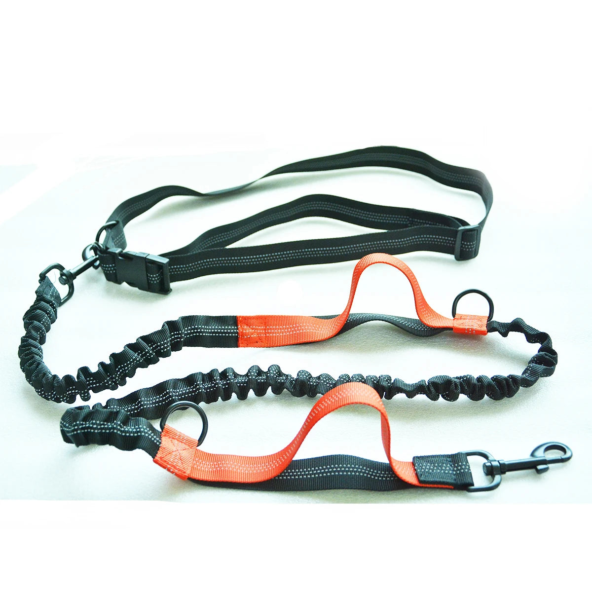 SniffWaggleNWalk FreePace™ hands-free dog running lead in green — full product layout showing waist belt, dual bungee and chrome hook