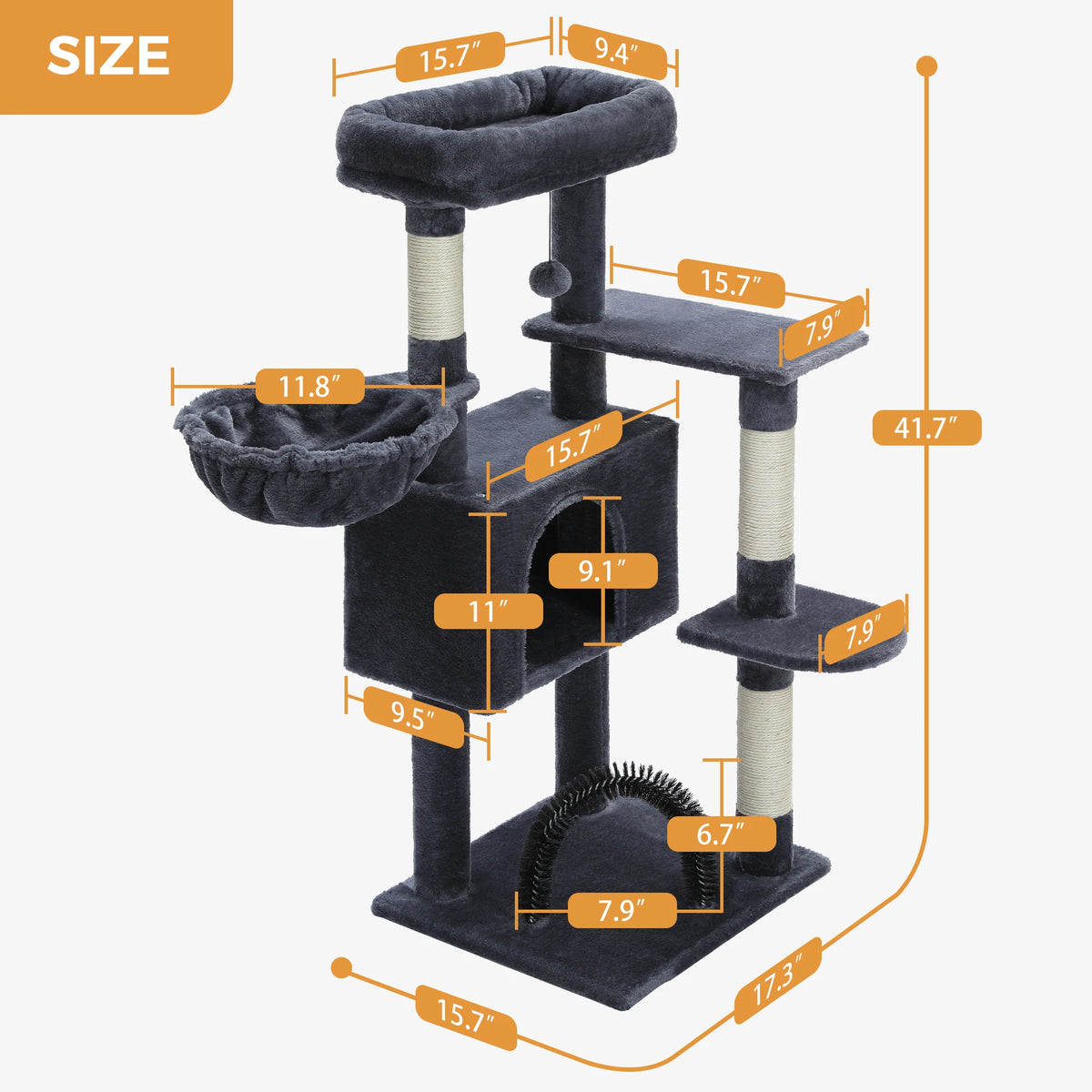 Multi-Level Cat Tree with Sisal Scratching Posts, Hammock & Arch Grooming Brush — PawArch™