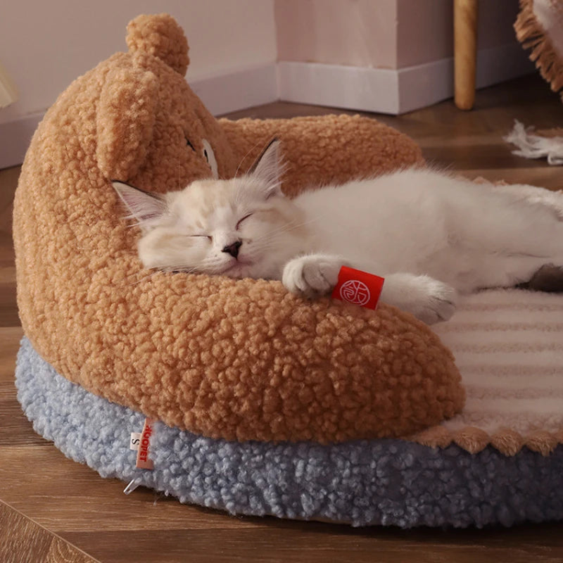PoshPup HugNest™ cat bed Coffee colourway — pom-pom trim detail around the edge of the round bed