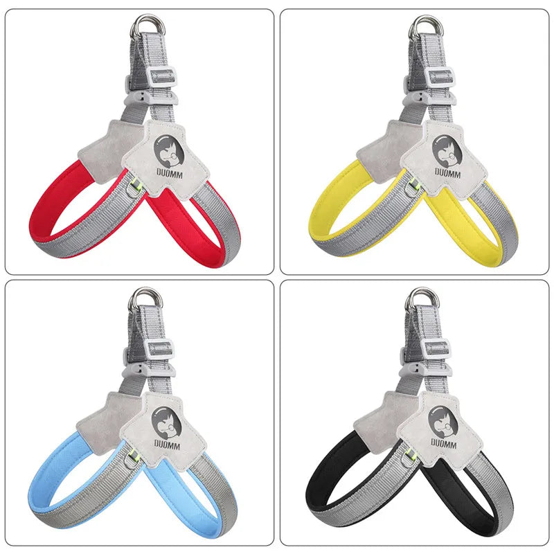 ReflexFit dog harness shown at night with double reflective silk ribbon strips glowing for high-brightness visibility