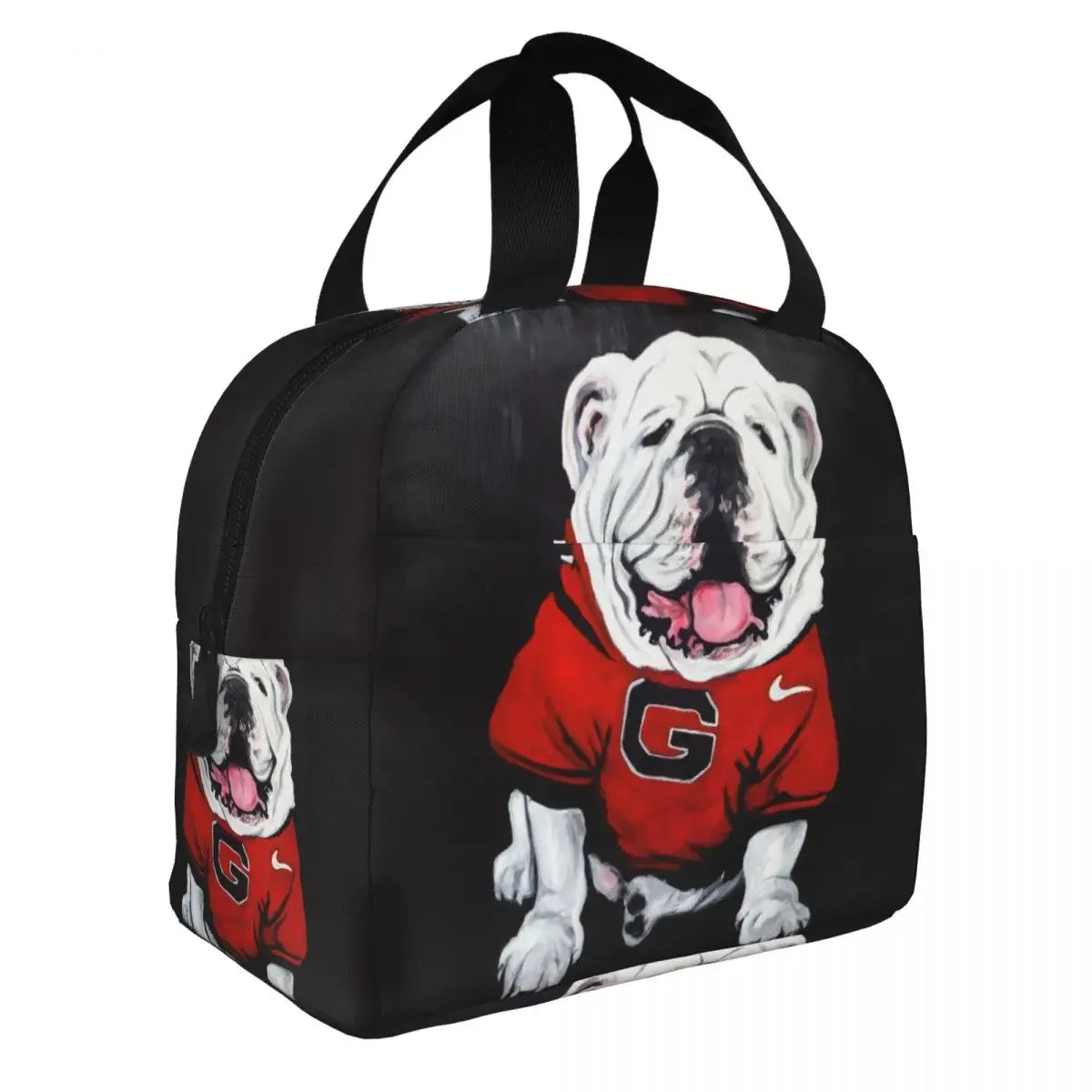 SniffWaggleNWalk bulldog lunch bag laid flat — compact insulated tote, wipe clean, free worldwide delivery