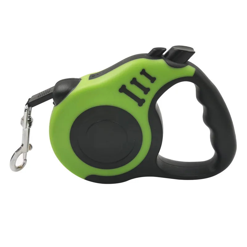 Five RoamLine retractable dog leads lined up showing full colour range yellow green red blue and pink