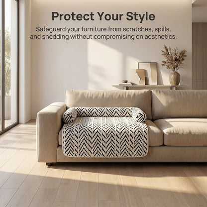 PawGuard plush sofa protector cushion for cats and dogs, white herringbone pattern
