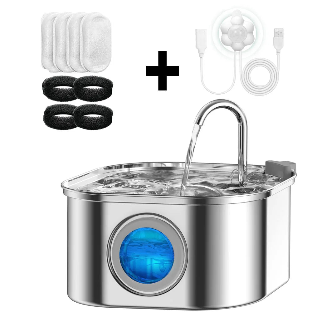 PawBrook™ Stainless Steel Cat Water Fountain — 3.2L, Sensor-Activated, Quiet, Water-Level Window