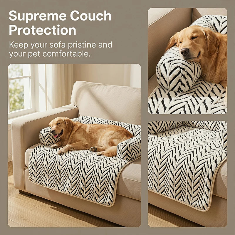 PawGuard plush sofa protector cushion for cats and dogs, white herringbone pattern