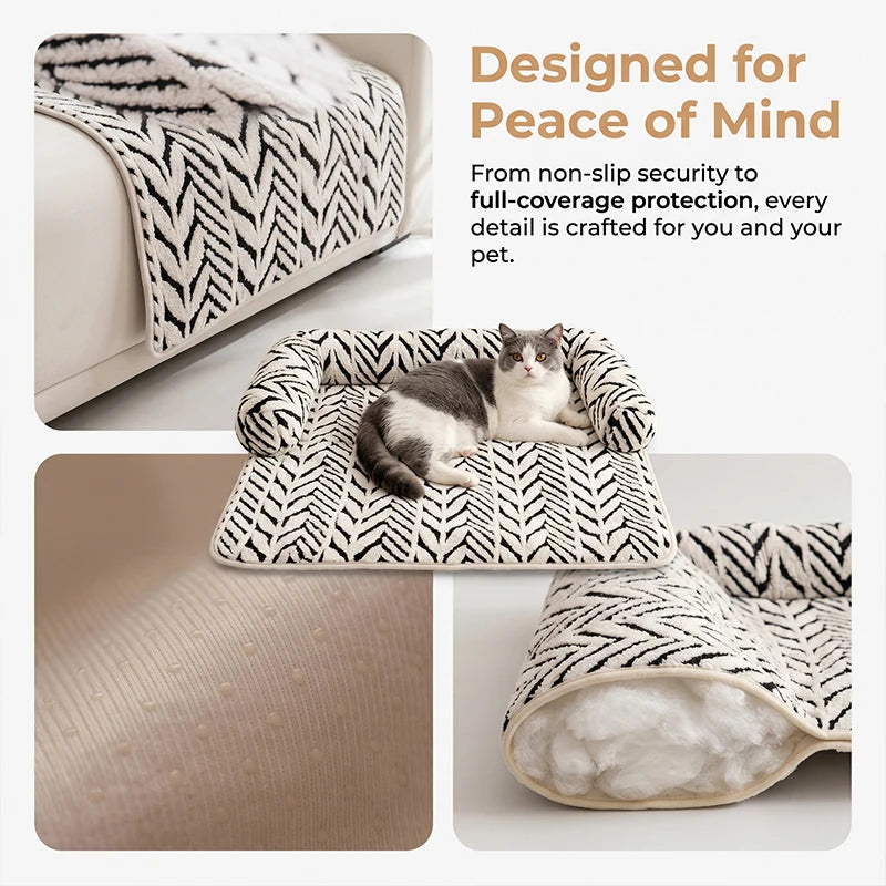 PawGuard plush sofa protector cushion for cats and dogs, white herringbone pattern