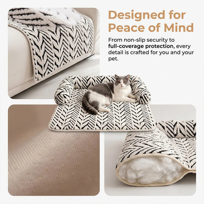 PawGuard plush sofa protector cushion for cats and dogs, white herringbone pattern