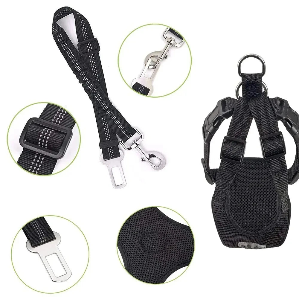 Dog car seatbelt harness set with elastic seatbelt tether