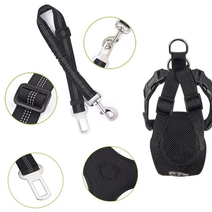 Dog car seatbelt harness set with elastic seatbelt tether