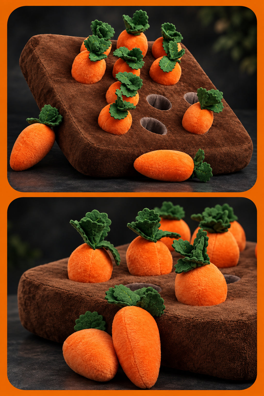 Carrot patch snuffle mat for dogs with plush pull-up carrots, view 10