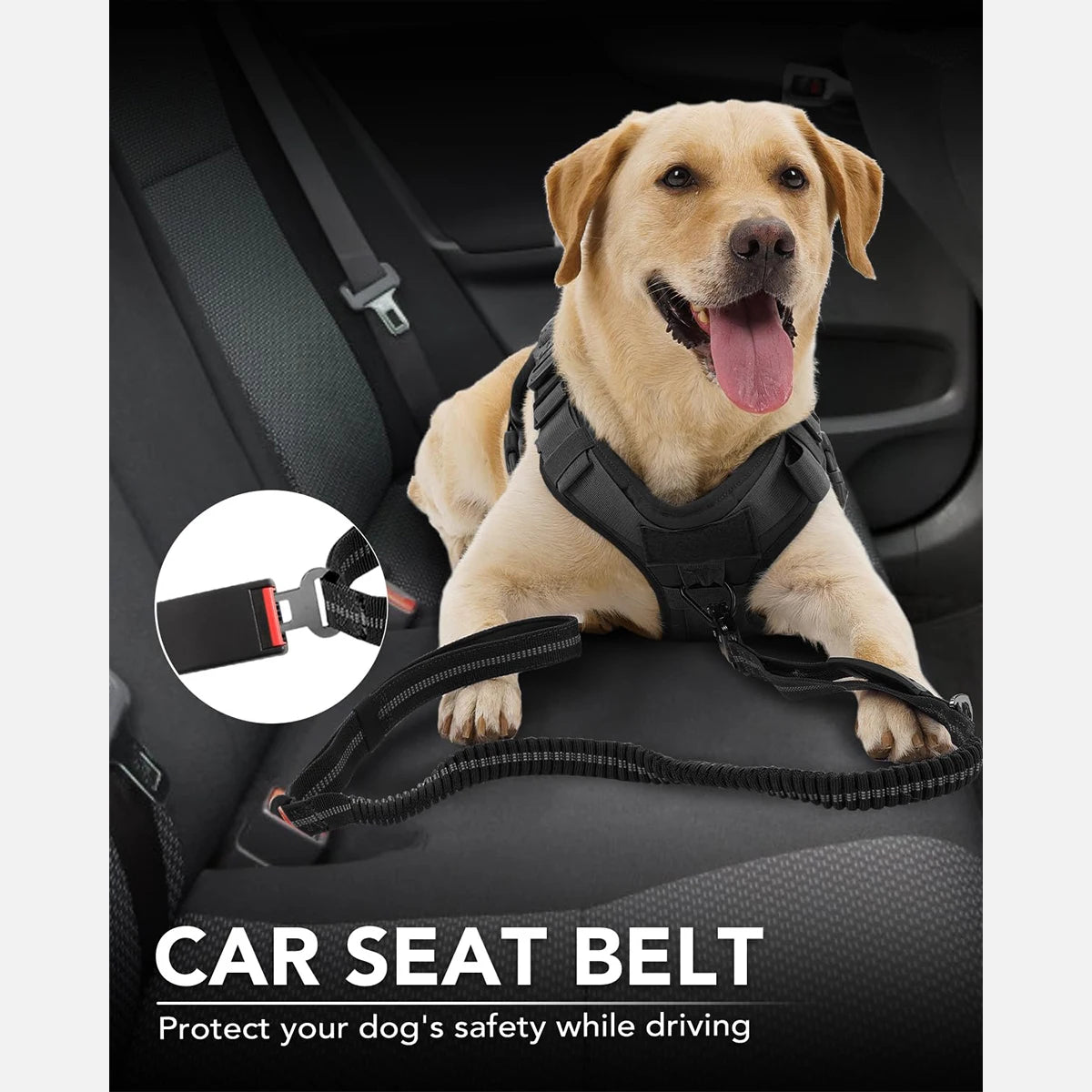 BungeeGuard™ soft rubber traffic control handle close-up — Labrador sitting calmly on lead