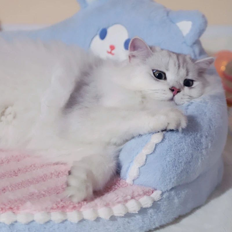 PoshPup HugNest™ hugging cat bed Blue Pink colourway — pastel blue cat character backrest