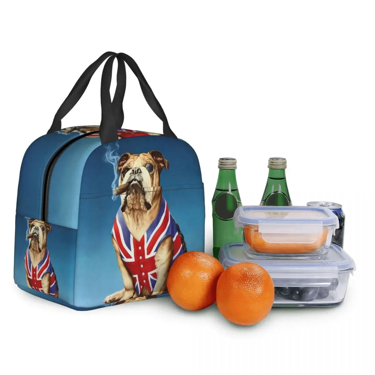 SniffWaggleNWalk bulldog lunch bag side view — compact rectangular shape, carry handle, insulated inner lining