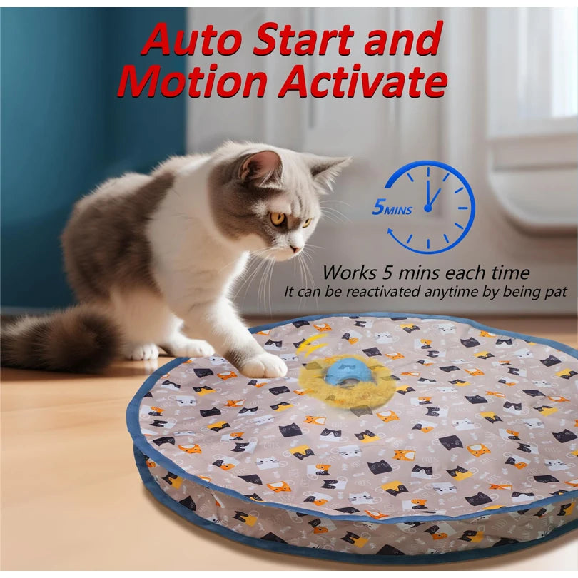 Motion-Activated Cat Toy Mat USB-C rechargeable · 70 cm mat · 3 play modes · Auto-rest & reactivate · LED ball unit