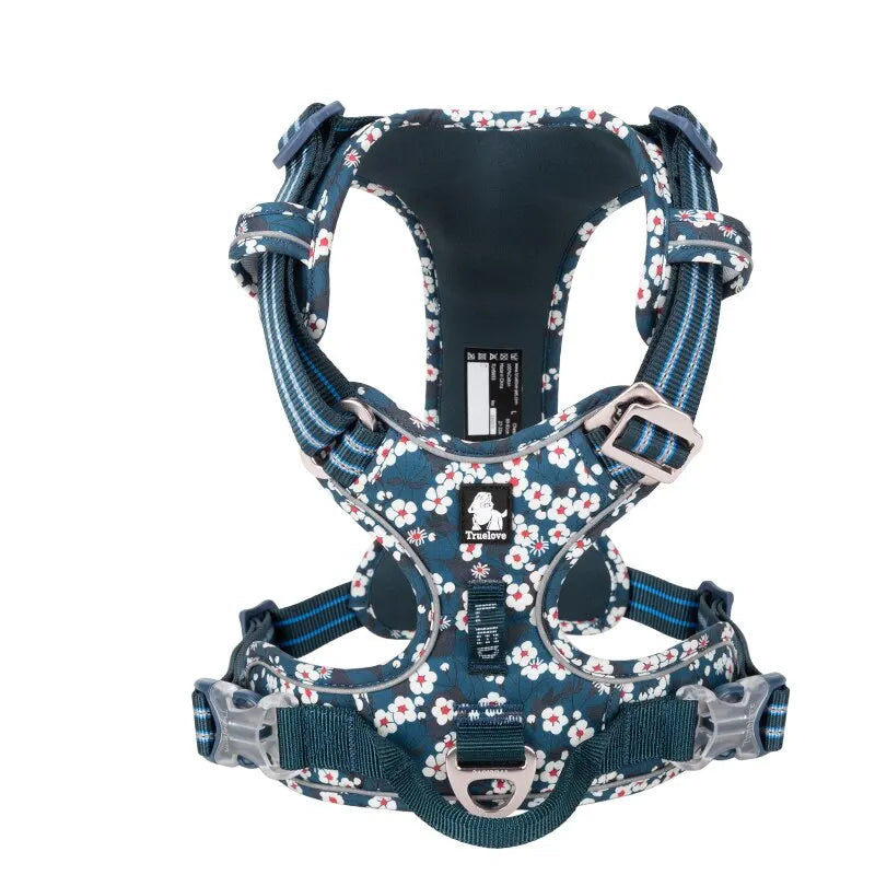 SniffWaggleNWalk flower pattern dog harness, storage and care view