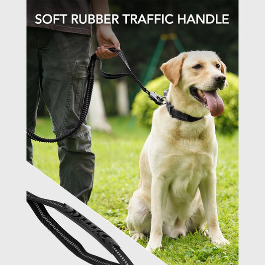 BungeeGuard™ car seat belt clip in use — Labrador secured in back seat with seat belt buckle attached to harness