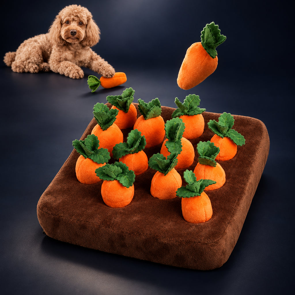Carrot patch snuffle mat for dogs with plush pull-up carrots, view 1