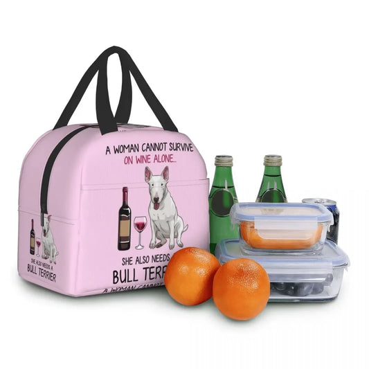 Bull Terrier wine insulated lunch bag detail — one of 11 funny Bull Terrier designs by SniffWaggleNWalk