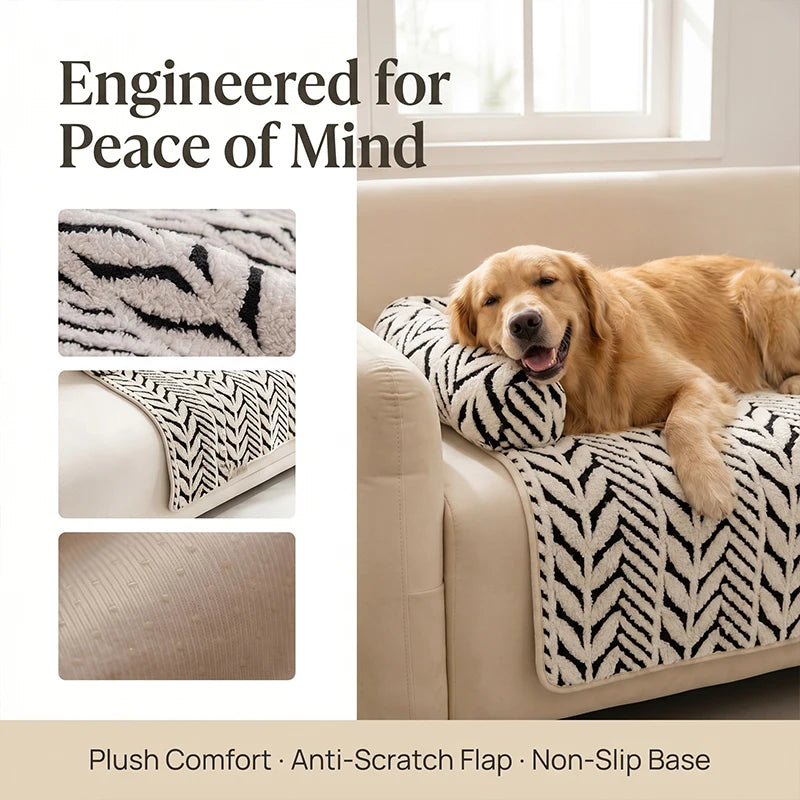 PawGuard plush sofa protector cushion for cats and dogs, white herringbone pattern