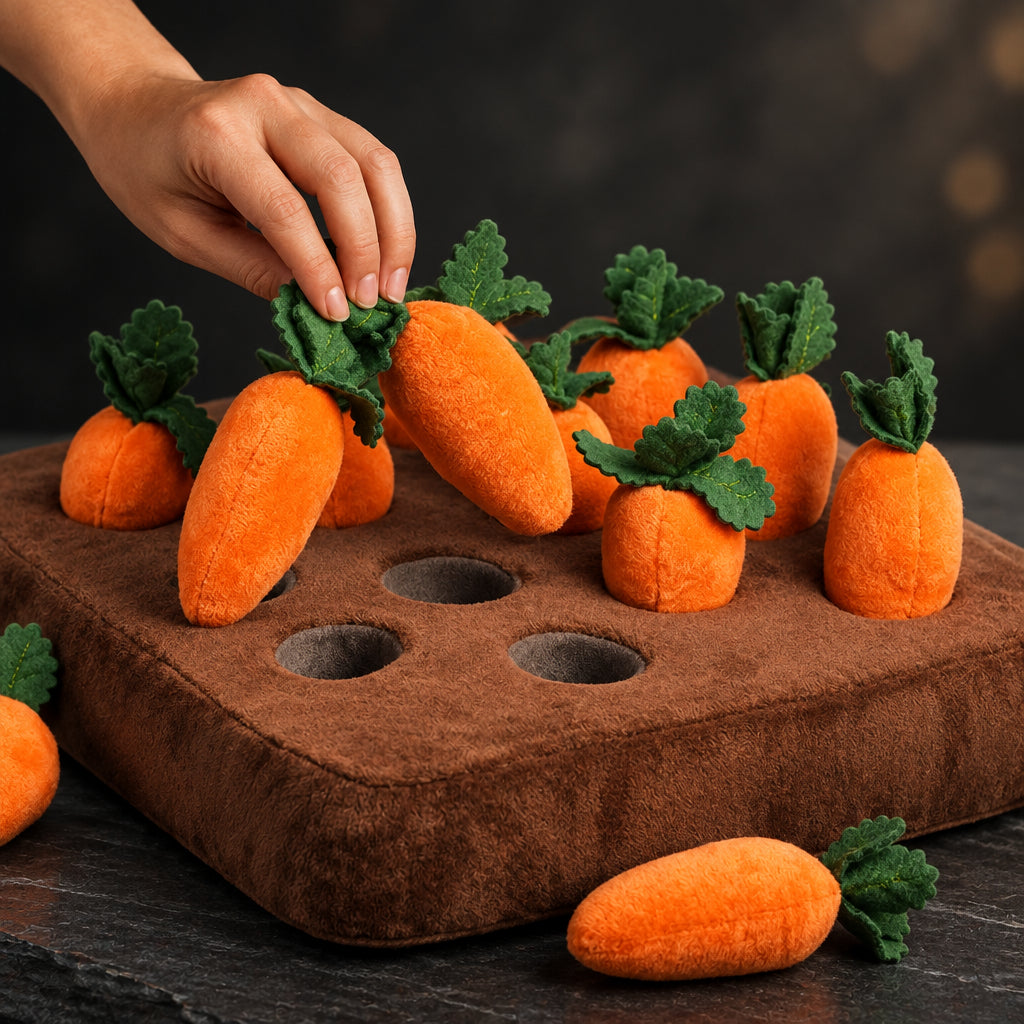Carrot patch snuffle mat for dogs with plush pull-up carrots, view 4