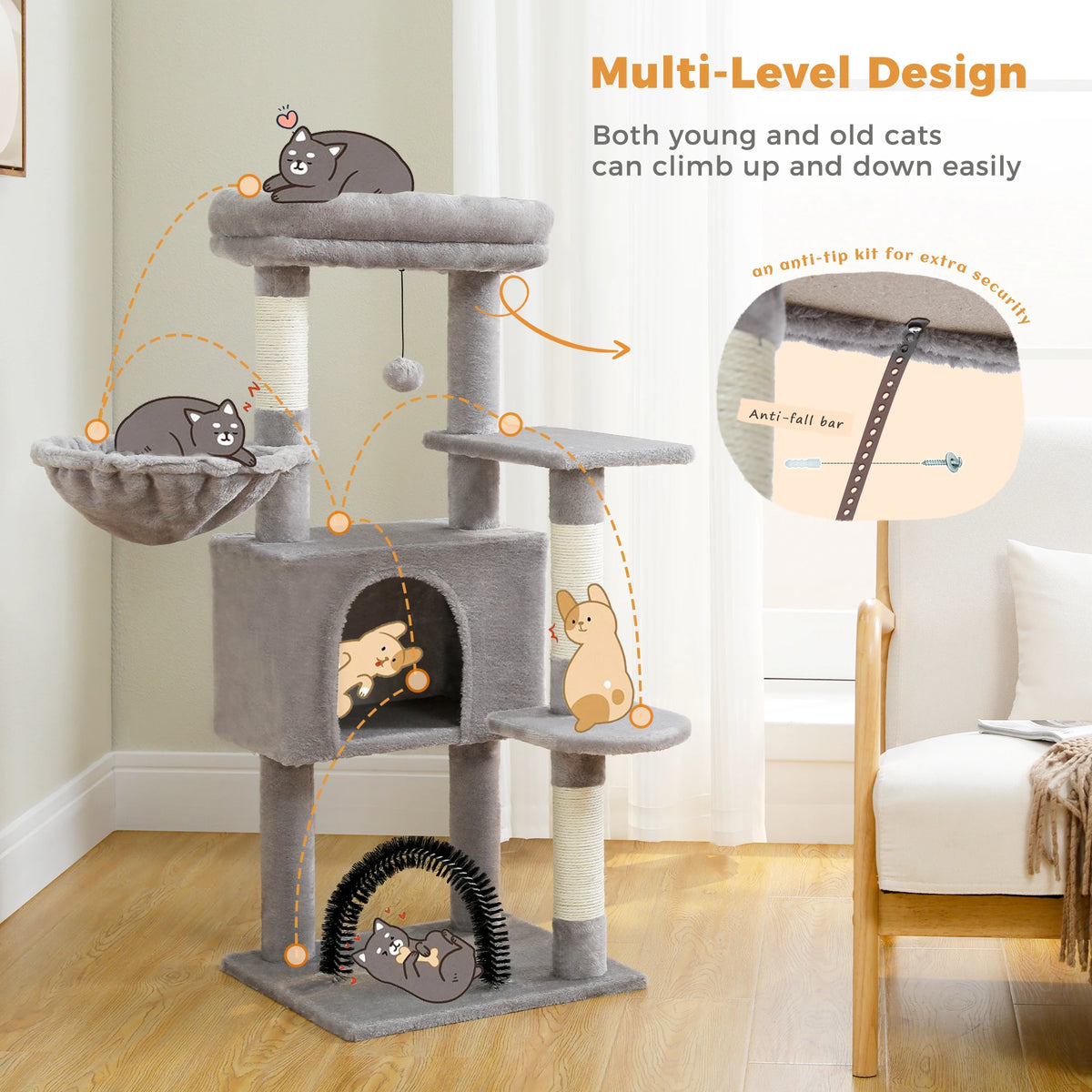 Multi-Level Cat Tree with Sisal Scratching Posts, Hammock & Arch Grooming Brush — PawArch™