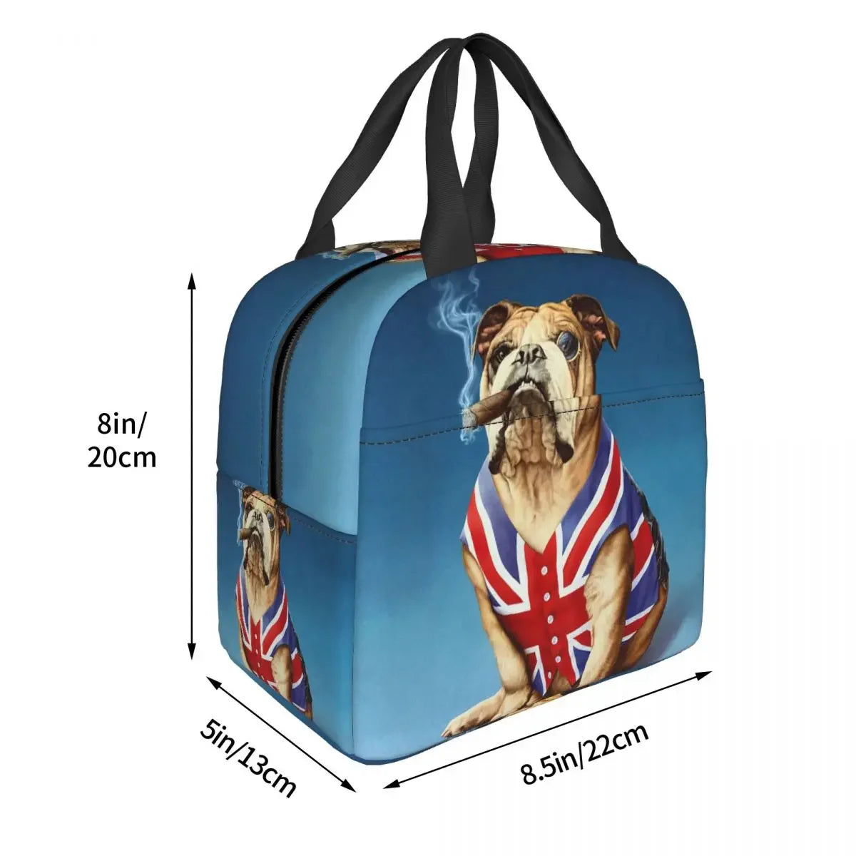 English bulldog lunch bag open showing spacious interior — insulated lining, fits containers, snacks and drink